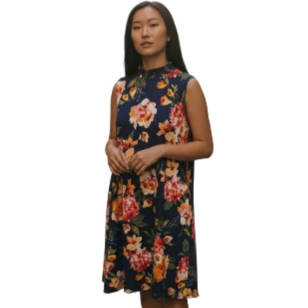 Tiana B Navy Blue Mock Neck‎ Knee Length Sleeveless Floral Dress 1X